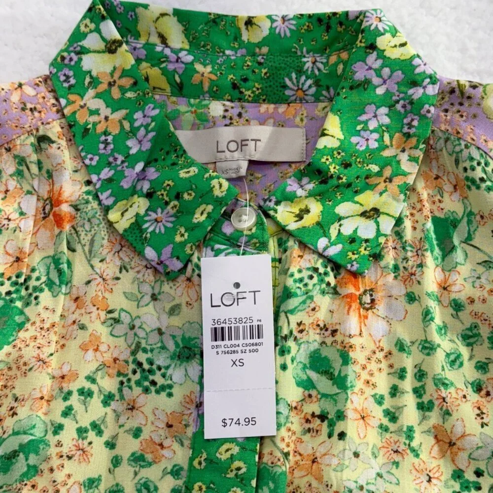 Loft Floral Patchwork Print Blouse Puff Sleeves Cottagecore Office Womens XS NWT